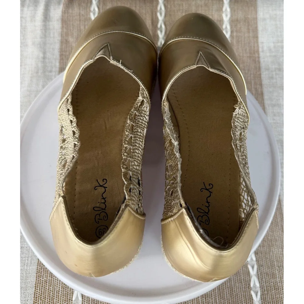 Blink Gold Metallic Crochet Lace Espadrille Platform Loafers Shoes Womens 39